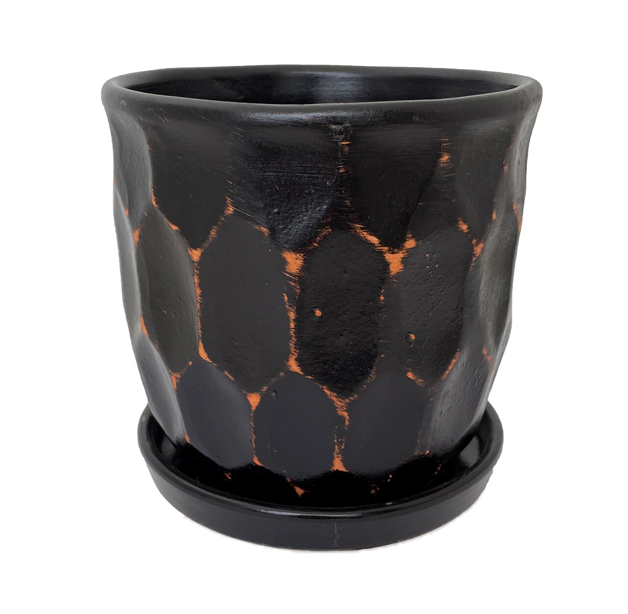 Distressed Honeycomb Ceramic Planter with Attached Saucer - Black - 5.5" x 5.5"